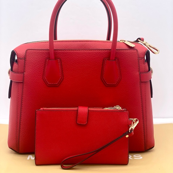 Michael Kors Mercer Medium Belted Satchel Crossbody And Wallet Set Bright Red - Picture 3 of 15